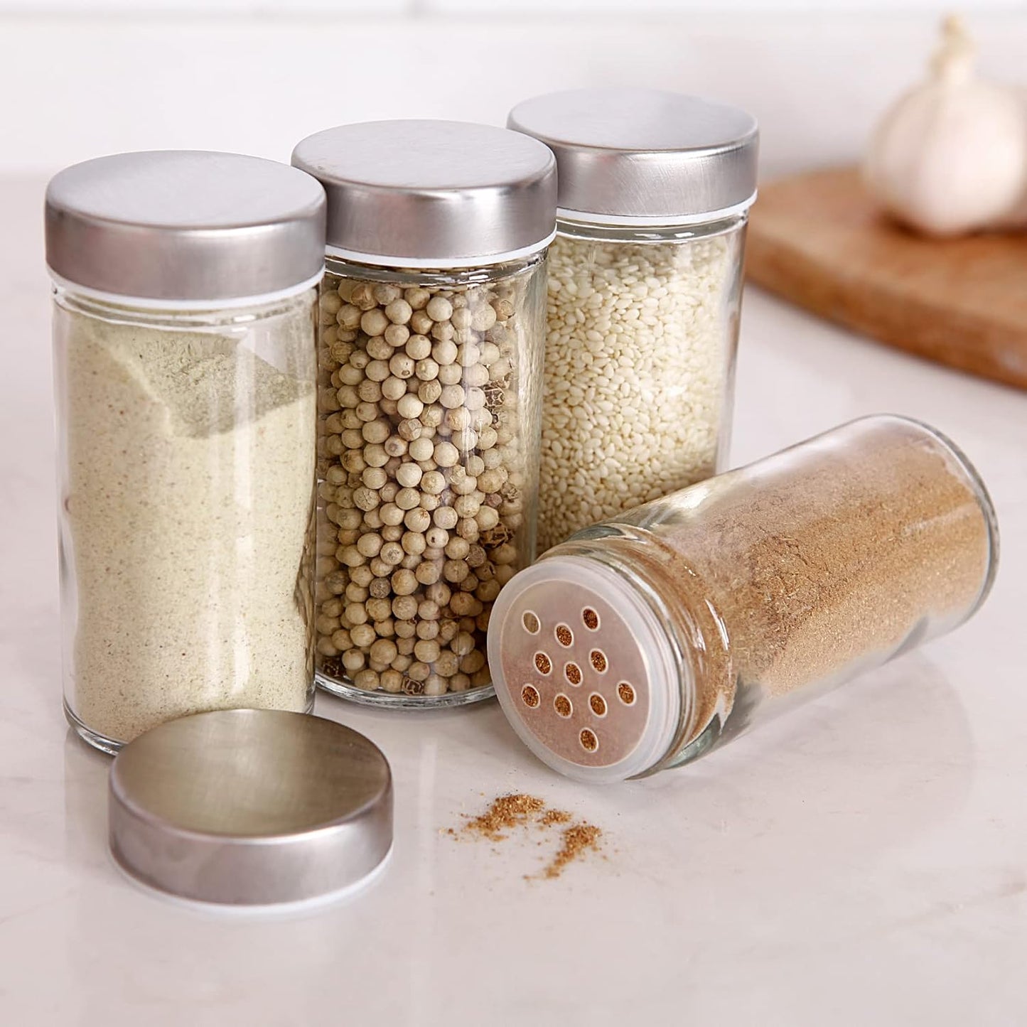6 Pcs Glass Spice Jars/Bottles for Rotating Spice Rack-3oz Empty round Spice Containers with Airtight Metal Caps with Shaker Lids (6, Stainless Steel Lids)