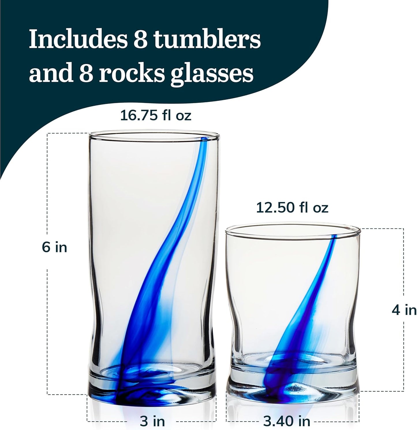 Libbey Tumbler and Rocks Glass Set, Infused Blue Ribbon Drinkware Glasses Set,, Artisan Inspired Four-Dimple Shaped Rock Glasses, Dishwasher Safe Tumbler Glasses Set
