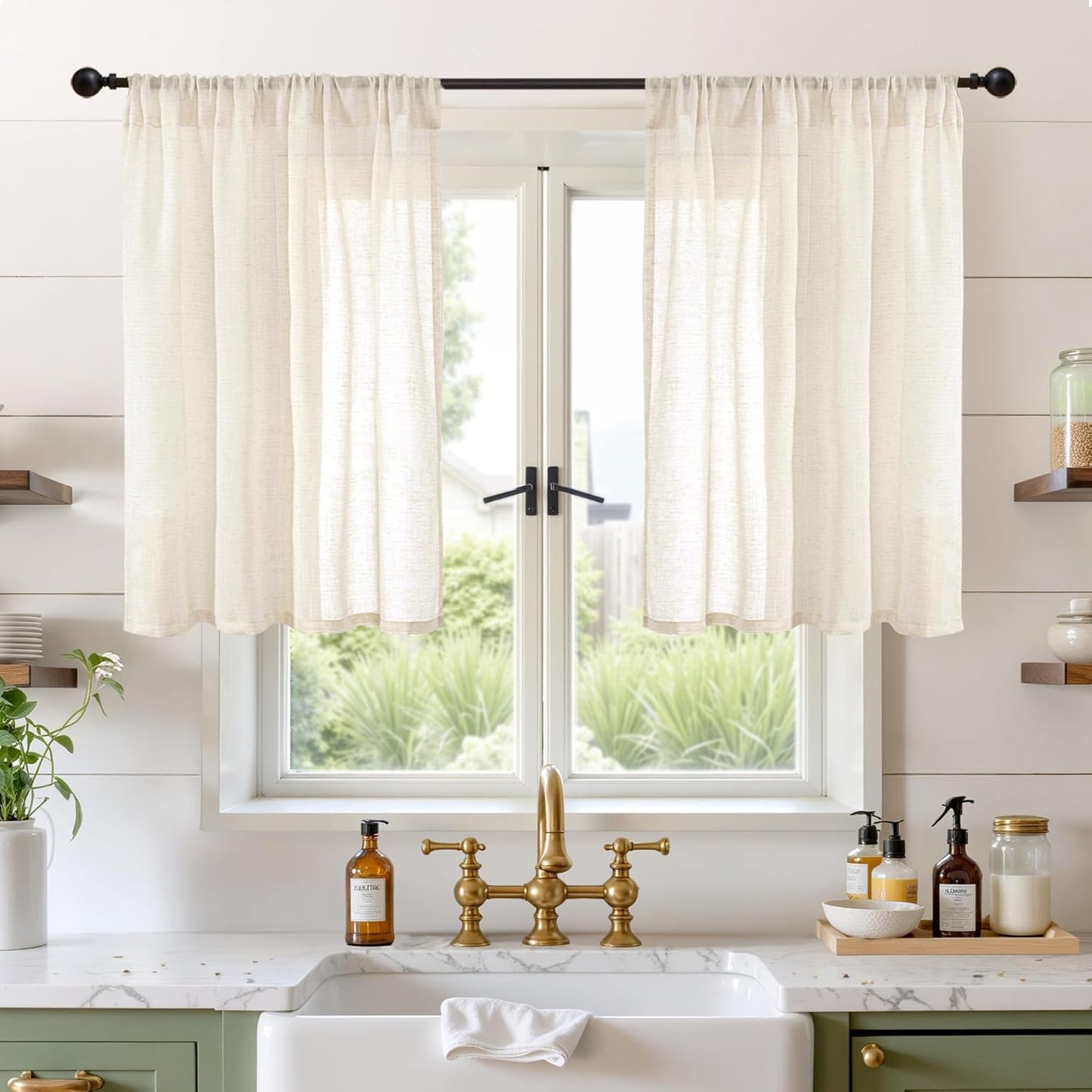 BGment Short Linen Curtains 36 Inch Length for Kitchen Window - Semi Sheer Beige Small Drapes Textured Rustic Natural Rod Pocket for Cafe Lightweight Decorative, 2 Panels, Each Panel 42 Inch Wide