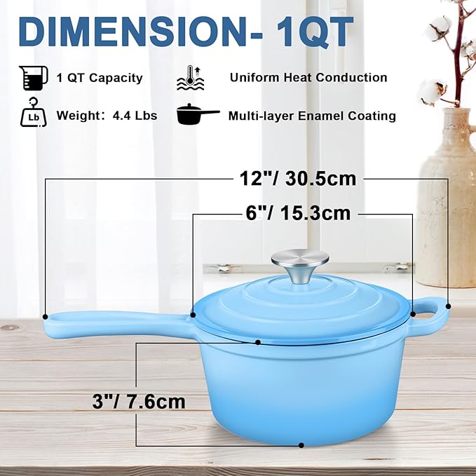 Enameled Cast Iron Sauce Pan with Lid, Leonyo 1 Quart Saucepan with Lid, Small Enamel Cast Iron Dutch Oven Kitchen Cookware for All Cooktops Cooking Soup, Milk - Up to 500°F & 4.4Lbs, Lake Blue