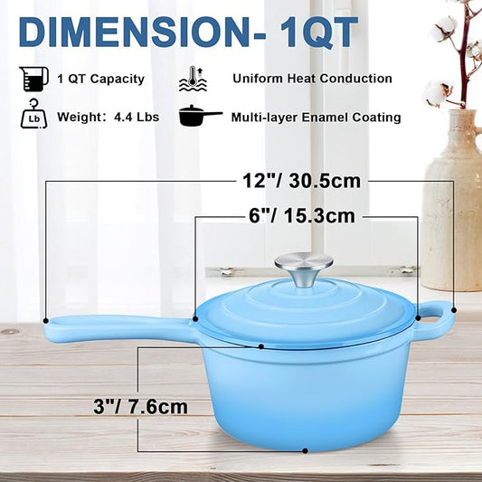 Enameled Cast Iron Sauce Pan with Lid, Leonyo 1 Quart Saucepan with Lid, Small Enamel Cast Iron Dutch Oven Kitchen Cookware for All Cooktops Cooking Soup, Milk - Up to 500°F & 4.4Lbs, Lake Blue