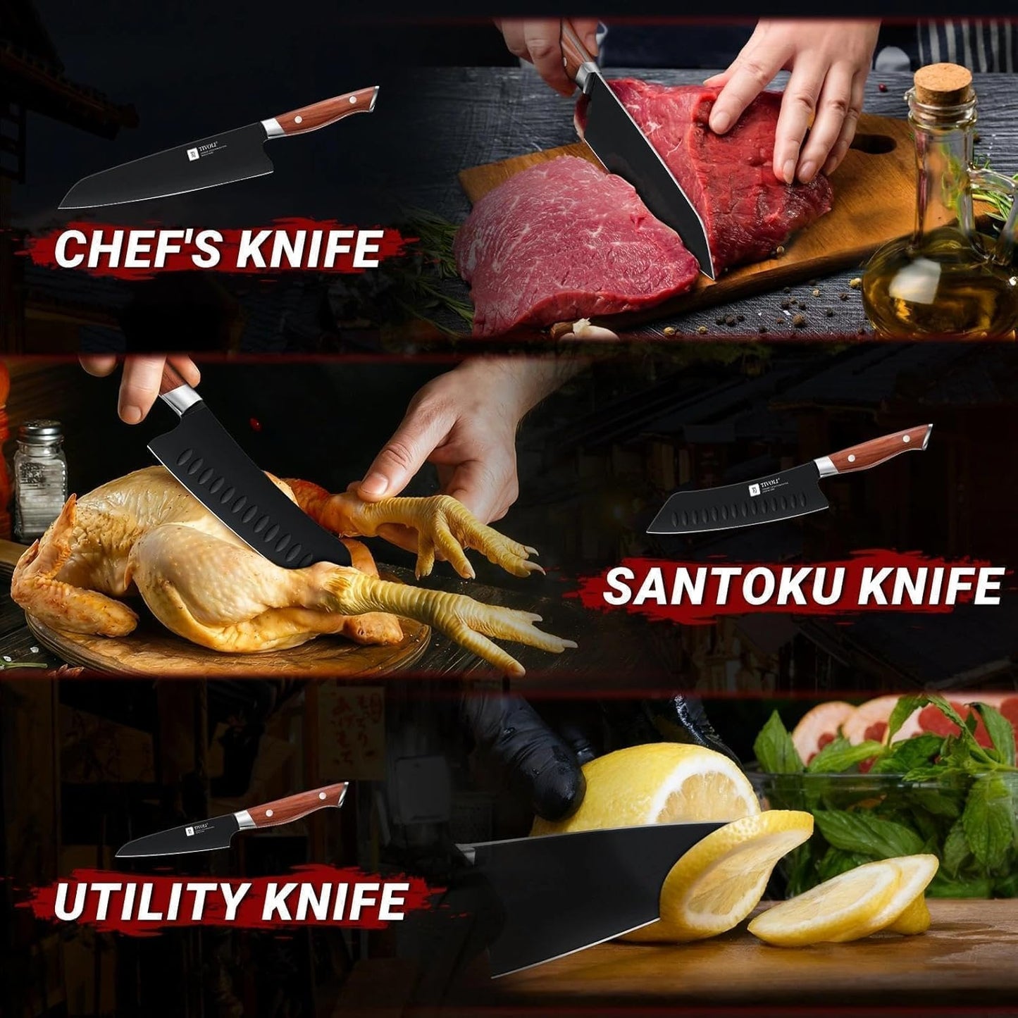 TIVOLI Chef Knife Set, Professional 3PC Santoku Knives Set, High Carbon Steel Ultra Sharp Deep Cooking Knife Set with Ergonomic Wood Handle for Meat Vegetable Fruit, Dad Mom Gift