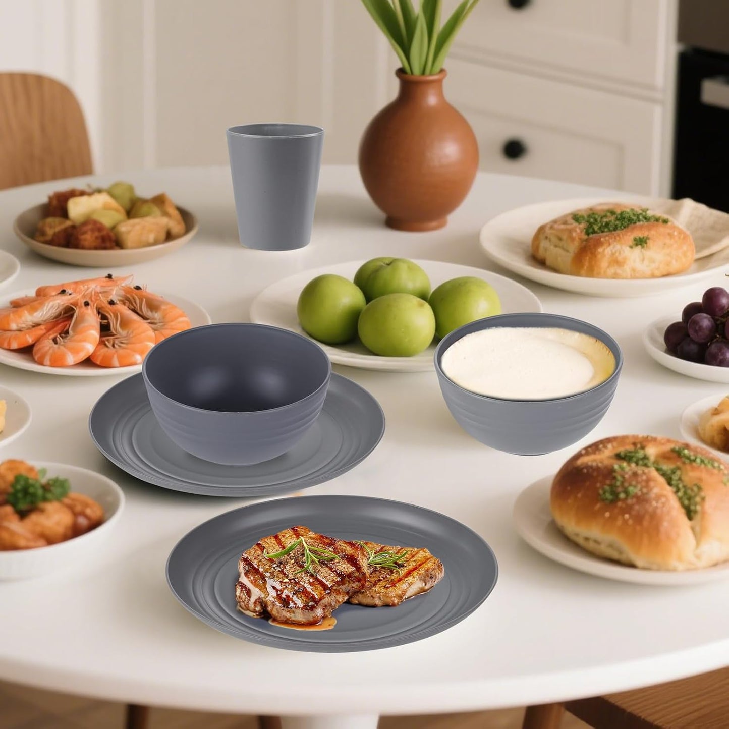 Supernal Wheat Straw Dinnerware Sets,Unbreakable Dinner Plates for 6,Microwave Dishwasher Safe,Reusable Dinnerware,Dark Gray Set 12pcs Plates, 6pcs Bowls, 6pcs Cups