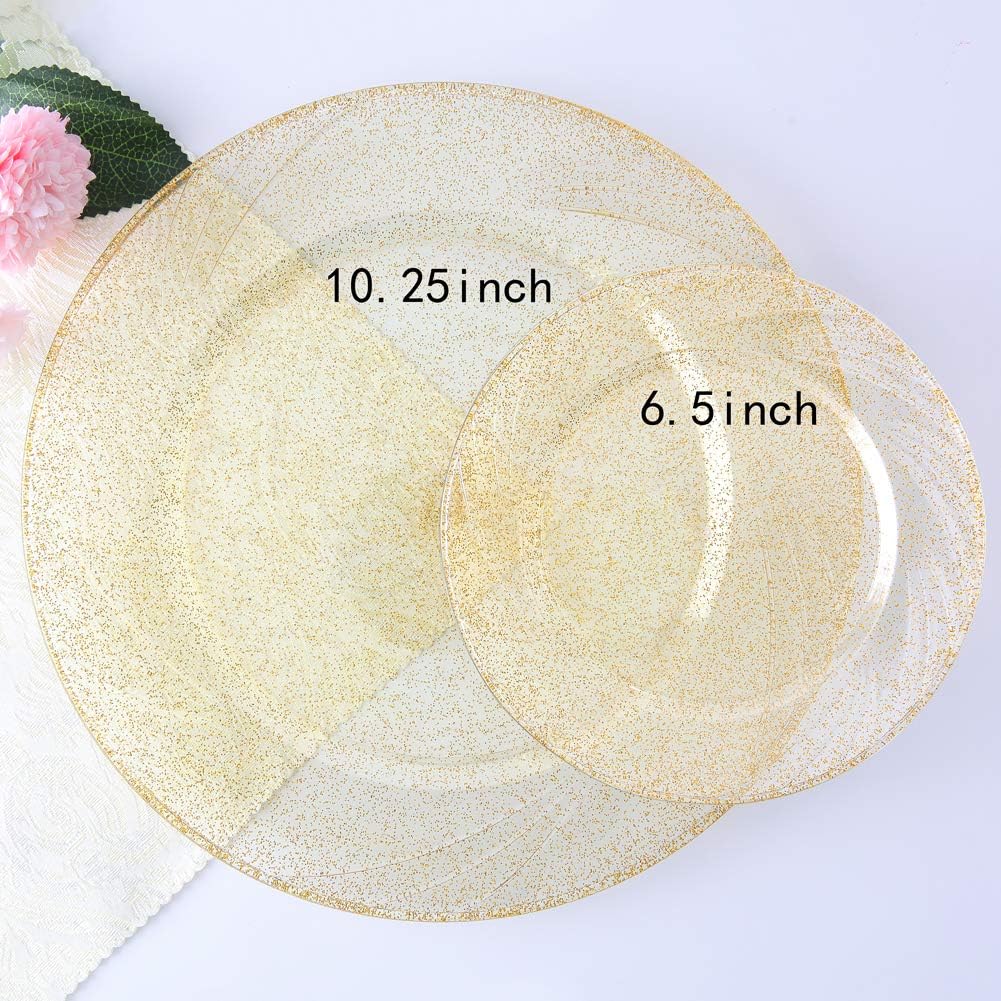 WDF 150pcs Gold Glitter Plastic Plates with Gold Plastic Silverware - Plates include 25 Dinner Plates,25 Salad Plates,25 Forks, 25 Knives, 25 Spoons,10oz Cups for Thanksgiving Wedding, Party