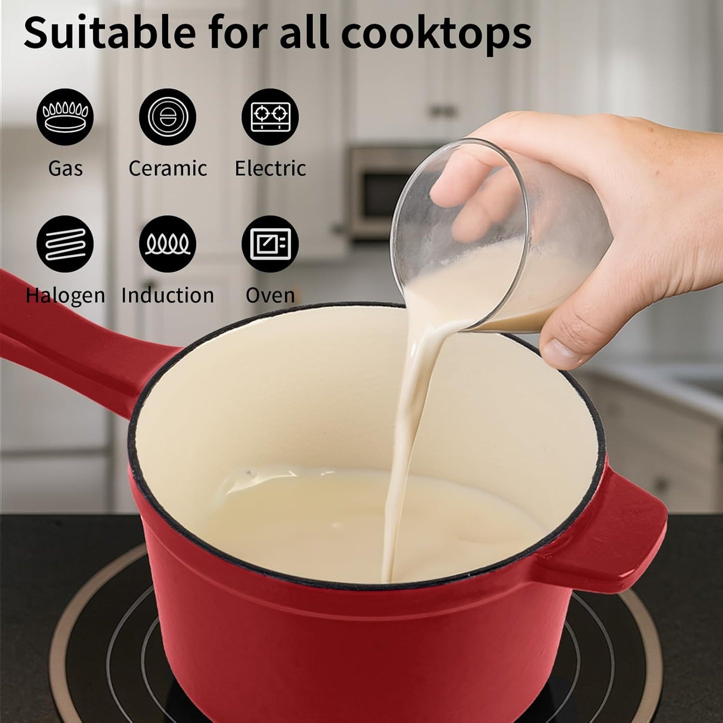 Enameled Cast Iron Sauce Pan with Lid, 1.7 Quart Saucepan with Lid, Small Dutch Oven Pot, Suitable for Small Portions of Soup, Sauces, Oatmeal, Red