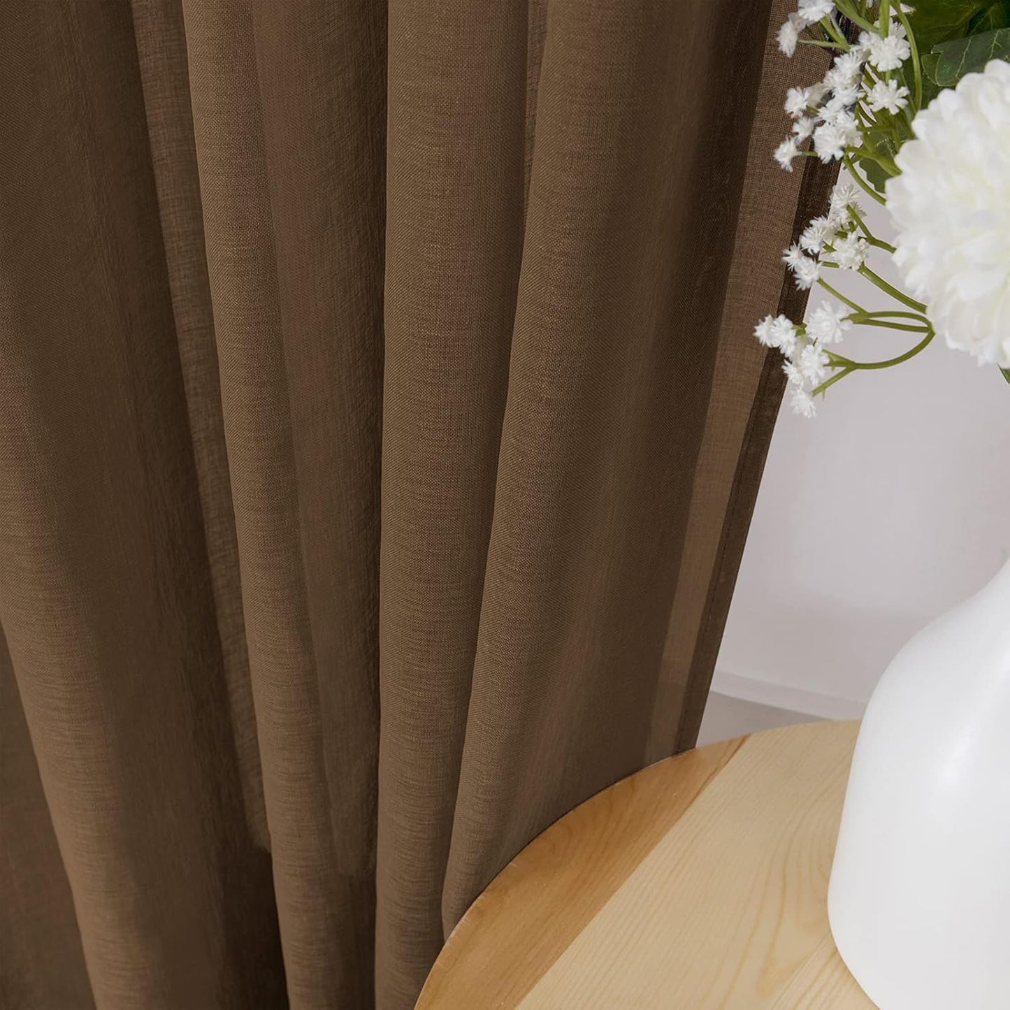 Tollpiz Sheer Tier Curtain Linen Textured Half Kitchen Curtains Sheer Light Filtering Rod Pocket Voile Small Curtains for Bathroom, 25 x 36 inches Long, Brown, Set of 2 Panels