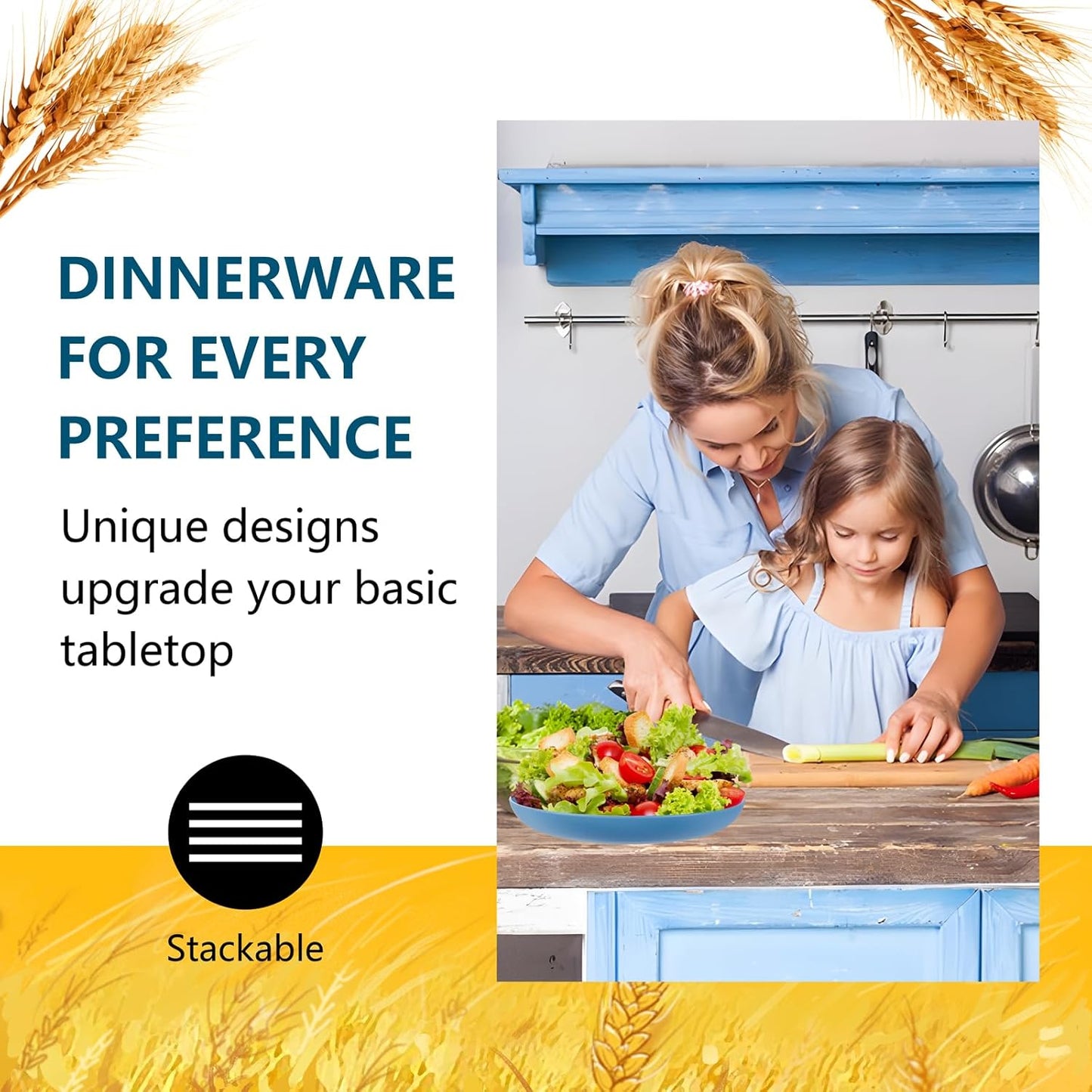 Rubtlamp 16pcs Wheat Straw Dinnerware Set, Unbreakable Plates And Bowls Sets of 4, Plastic Plates Set Reusable (Cold Four Colors) for Camping