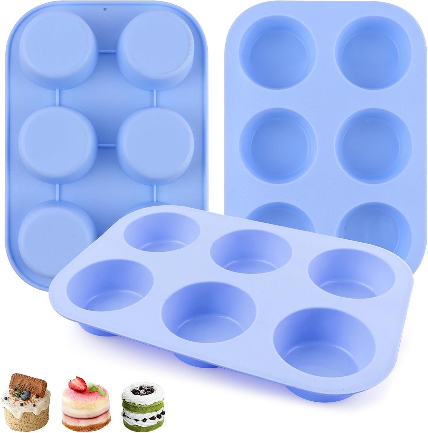 3-Pack 6-Cup Silicone Muffin Pans, Nonstick Cupcake Baking Molds, Muffin Cupcake Pans Molds for Baking, BPA/PFA-Free, Dishwasher & Oven Safe - Blue