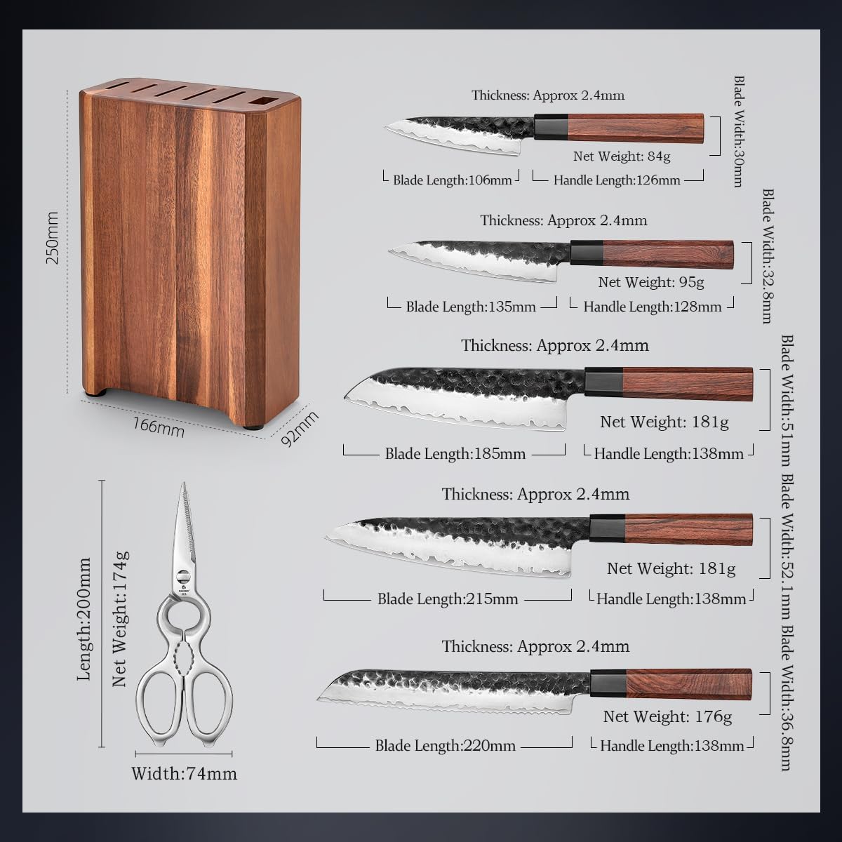 HEZHEN Knife Blocks Kitchen Knife Set, Chef Couteaux Set Kitchen Knives, Japanese Style Santoku Knife, Kitchen Scissors Acacia Wood Knife Block