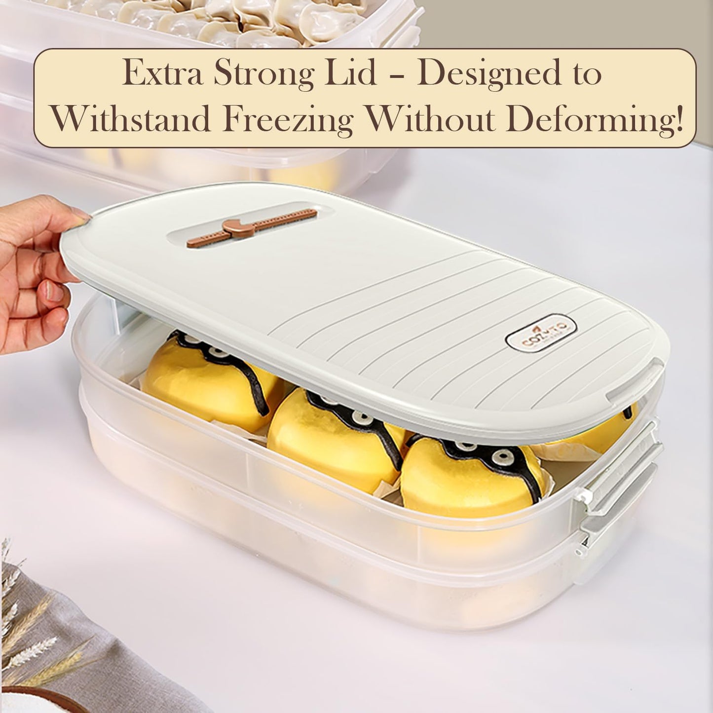 4-Layer Dumpling Storage Container – Freezer Organizer with Smart Timer, Good Sealing, Stackable Food Containers, Anti-Stick Base & Clip Lid (White Lid & Transparent Box)
