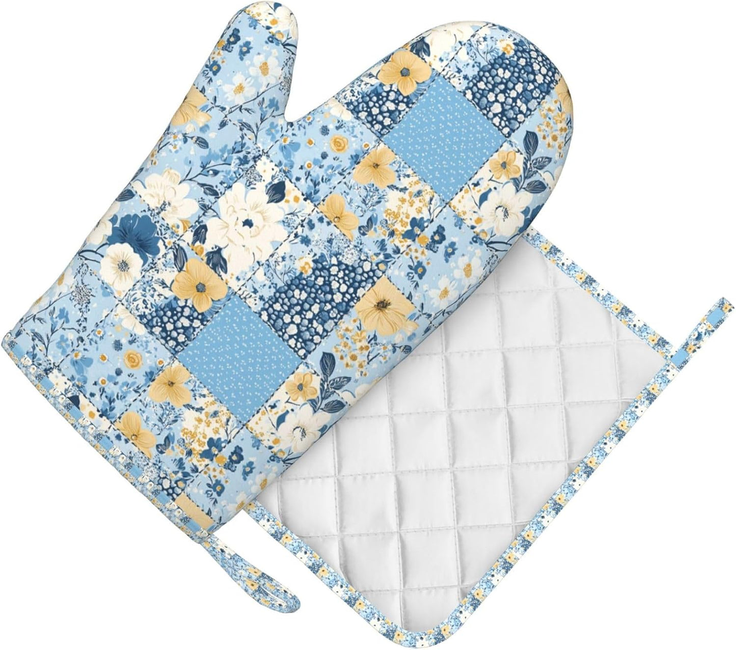 Oven Mitts and Pot Holders Floral Blue Pastel Vintage Silicone Kitchen Accessories Set of 2 Heat Resistant Long Gloves Potholder Non-Slip Grip for Chef Cooking,Baking,Grilling,BBQ