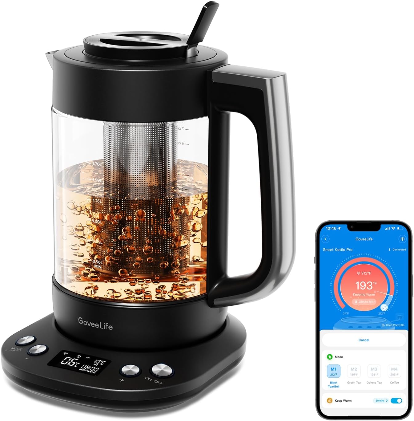 GoveeLife Smart Electric Kettle with Tea Infuser for Loose Leaf, 1.7 L Electric Tea Kettle with Brewing Program, Variable Temperature Control, 2 H Keep Warm & Auto Shut-Off, BPA Free. Black