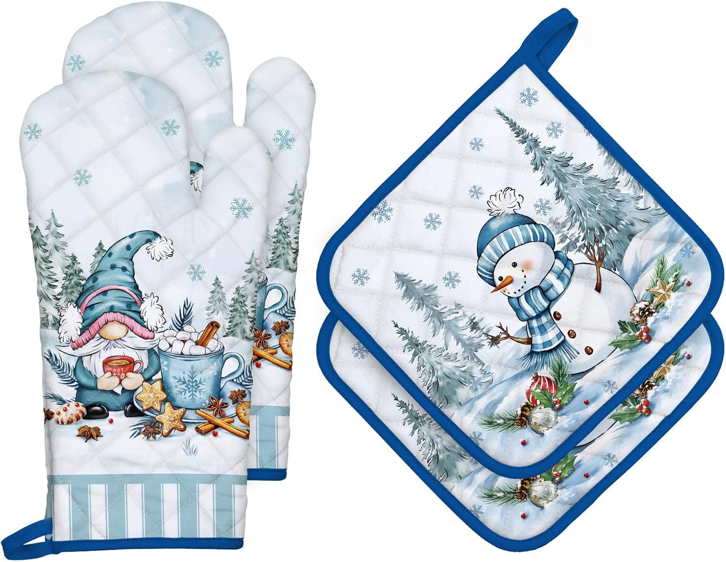 Winter Gnome Oven Mitts and Pot Holders Sets 4Pcs, 100% Cotton Heat Resistant, Extra Long Oven Gloves Potholder for Kitchen Cooking Baking Decoration