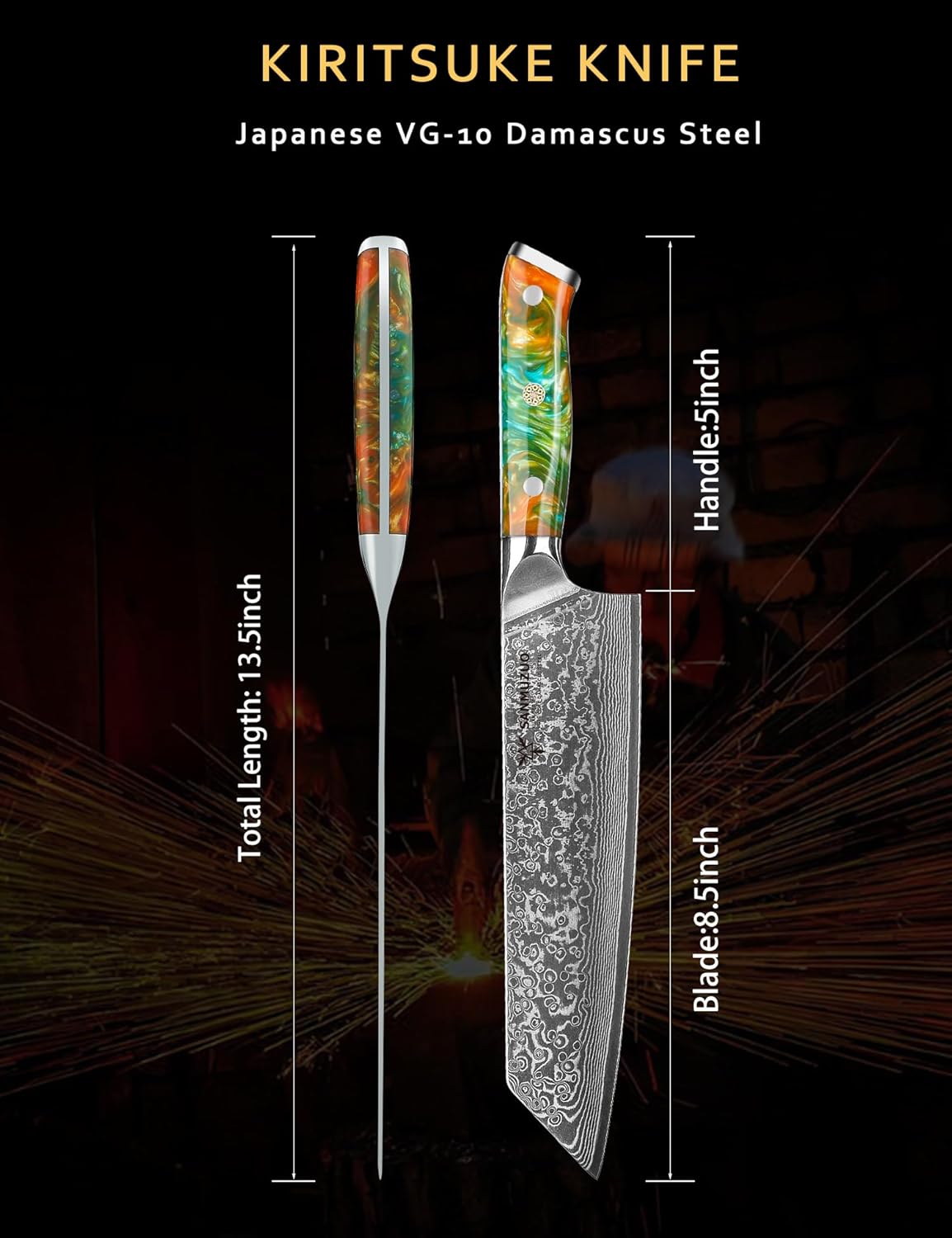 8.5 inch Kiritsuke Kitchen Chef Knife - 67 Layers Damascus Steel & Resin Handle - Xuan Series(Fantasy Orange)