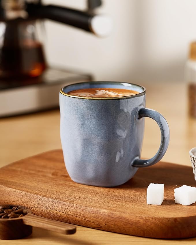 famiware Coffee Mugs Set of 4, Ocean Square 13oz Coffee Cup Set with Handle for Cocoa, Milk, Hot Chocolate, Tea, Water, Stoneware Cups for Kitchen, Microwave and Dishwasher Safe, Blue