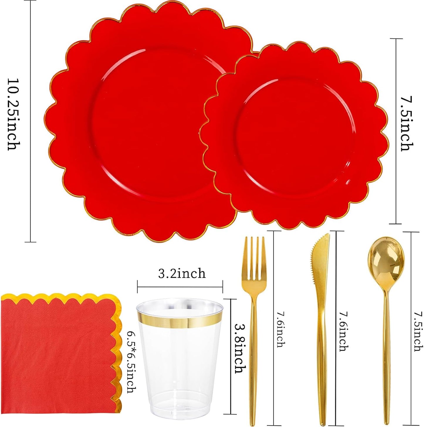 LIYH 210 Pcs Red Plastic Plates Christmas Plates and Napkins Disposable Christmas Dinnerware Set Gold Rim Scalloped Plate Include Dinner & Dessert Plate Gold Plastic Silverware Cups for Party Xmas Day