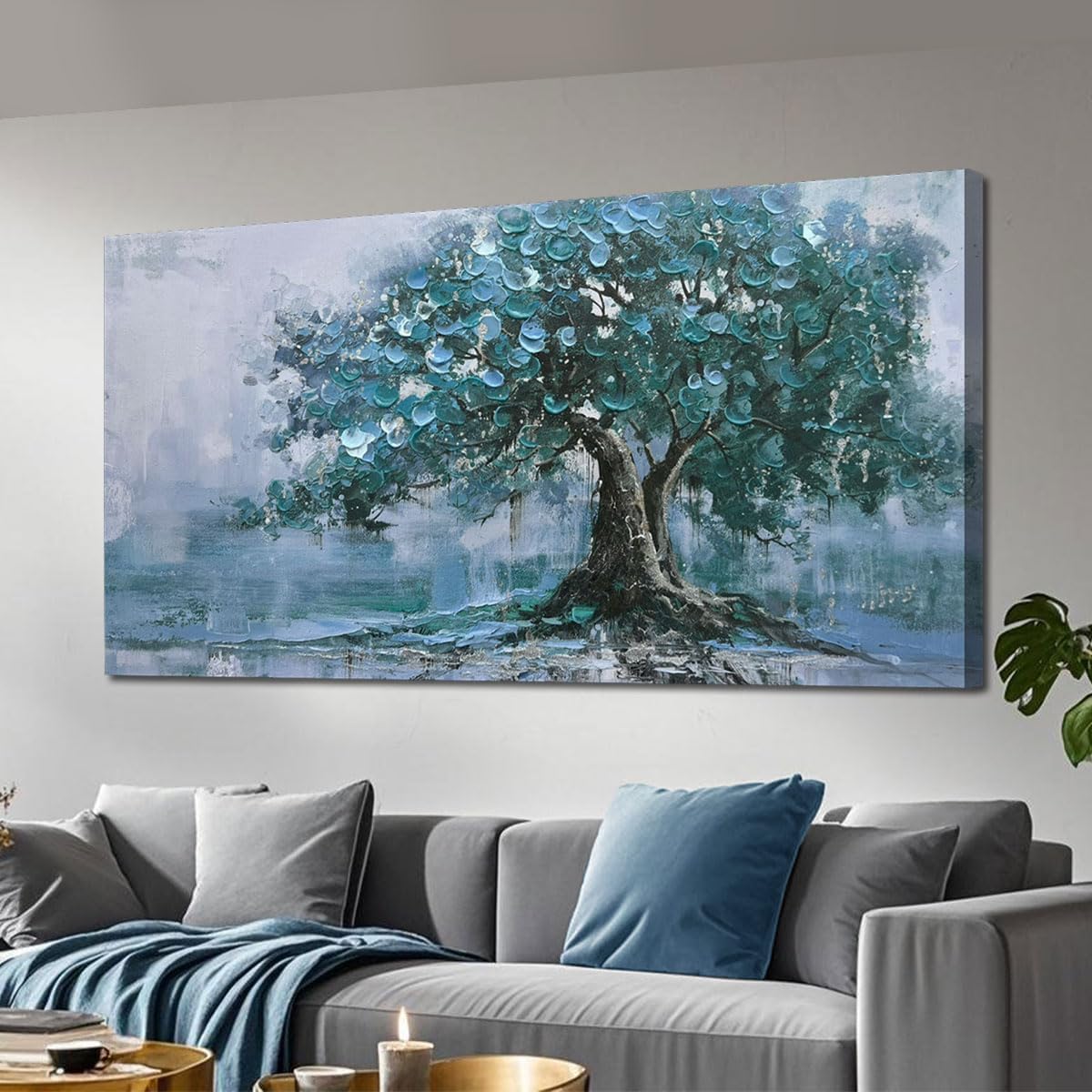 Ardemy Tree Canvas Wall Art for Living Room Large Teal Tree of Life Bedroom Pictures Paintings Wall Decor Artwork for Walls Home Office Dining Room Kitchen, 48"x24"