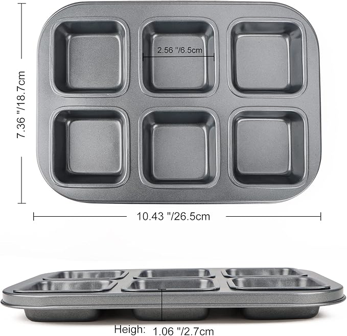 Beasea Square Brownie Pan, Nonstick 6 Cavity Muffin Pan Brownie Cake Pan Mini Cheesecake Cupcake Bakeware Carbon Steel Brownie Baking Tray Bakeware for Oven Baking