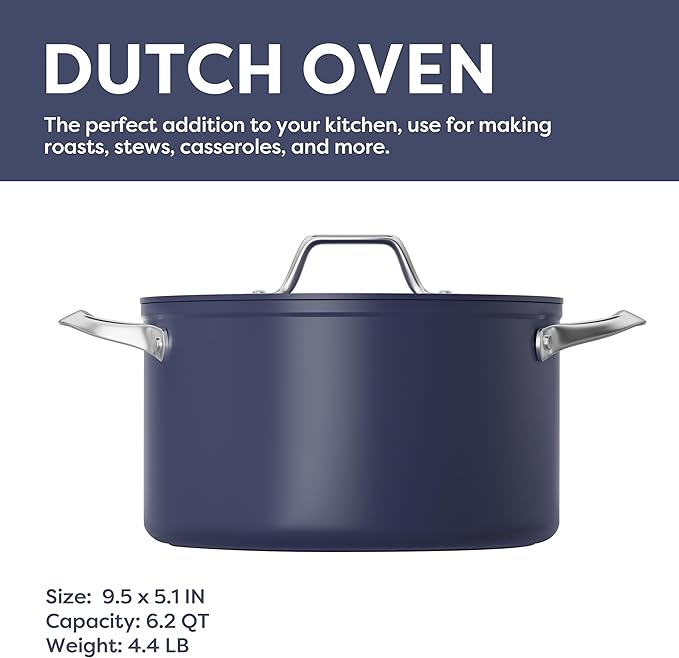 CIARRA Nonstick Dutch Oven with Lid, 6.2 QT Ceramic Dutch Oven with Dual Handles, Non Toxic, PTFE & PFOA Free, Oven Safe & Compatible with All Stovetops, Blue