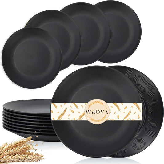 Wrova Wheat Straw Dinner Plates 10 Inch Unbreakable Set of 8 - Dishwasher & Microwave Safe Plastic Plates Reusable - Lightweight Plates for kitchen,camping,salad,appetizer - Pure Black