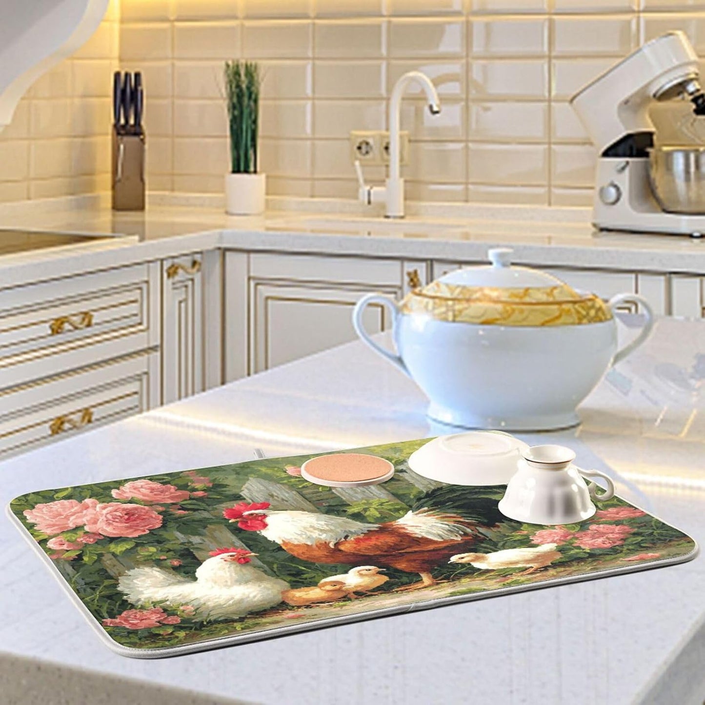 Farm Chickens Rooster Dish Drying Mat for Kitchen Counter Super Absorbent Dishes Pad Reversible Microfiber Protector Dish Draining Mats 18x24 inch