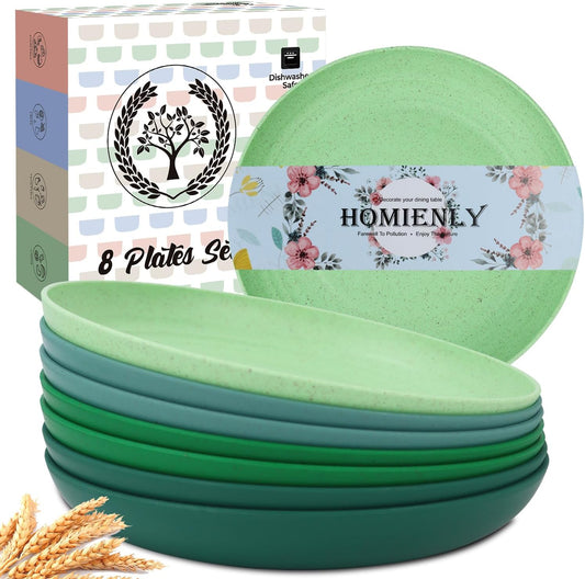 Homienly Dessert & Salad Set - Unbreakable Wheat Straw Plates, 8-10 inch, Reusable (Green Series)