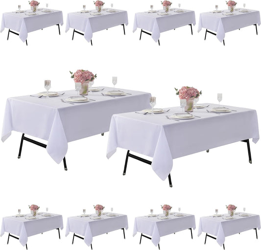 10-Pack 60x102 inch White Table Cloths, Solid Stain and Wrinkle Resistant Oblong Tablecloth, Premium Plain Weave Polyester Fabric Rectangle Table Linen Covers for Hotel, Wedding