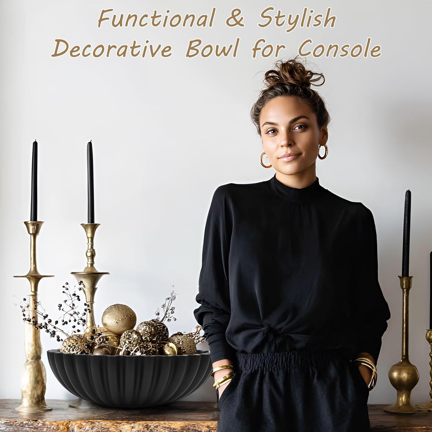 Large Decorative Bowl for Home Decor - Centerpiece for Coffee Table,Dining Table,Kitchen, Entryway Key bowl & Fruit Display - Modern Concrete Stone Design (Black)