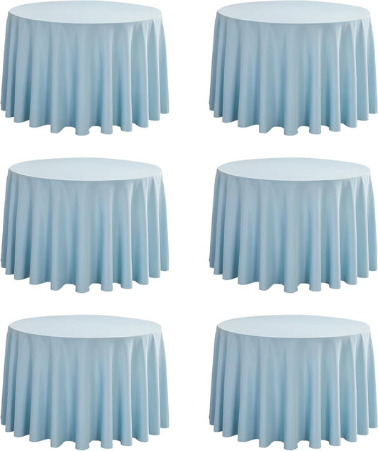 6-Pack Round 108-inch Dusty Blue Table Cloths, Solid Stain and Wrinkle Resistant Circular Tablecloth, Premium Plain Weave Polyester Fabric Table Linen Covers for Hotel, Banquet