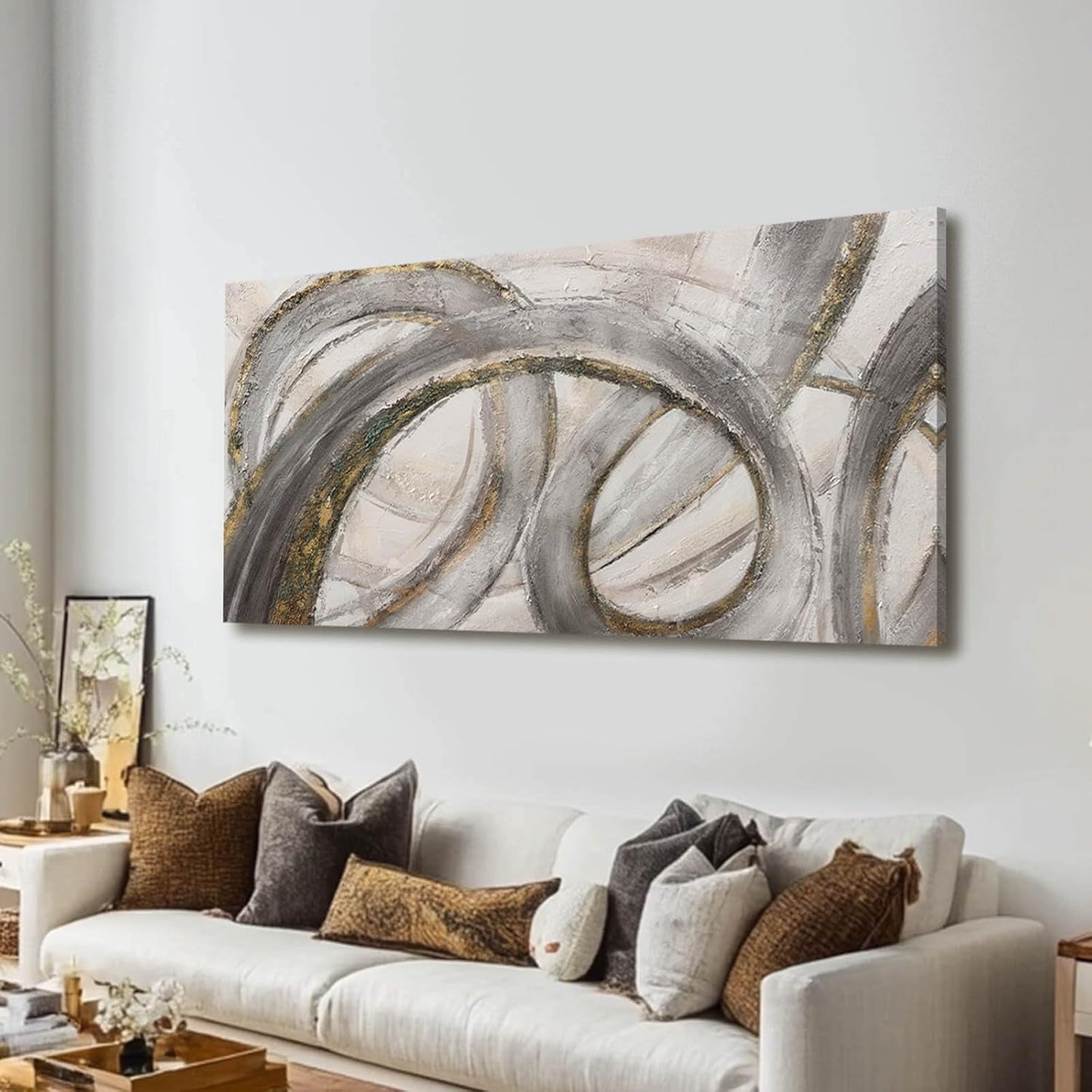 VAYIMDH Grey Modern Artwork Black with Gold Line Abstract Wall Decor Canvas Painting Office Wall Hanging Picture for Living Room 24"x 48" Neutral Wall Art