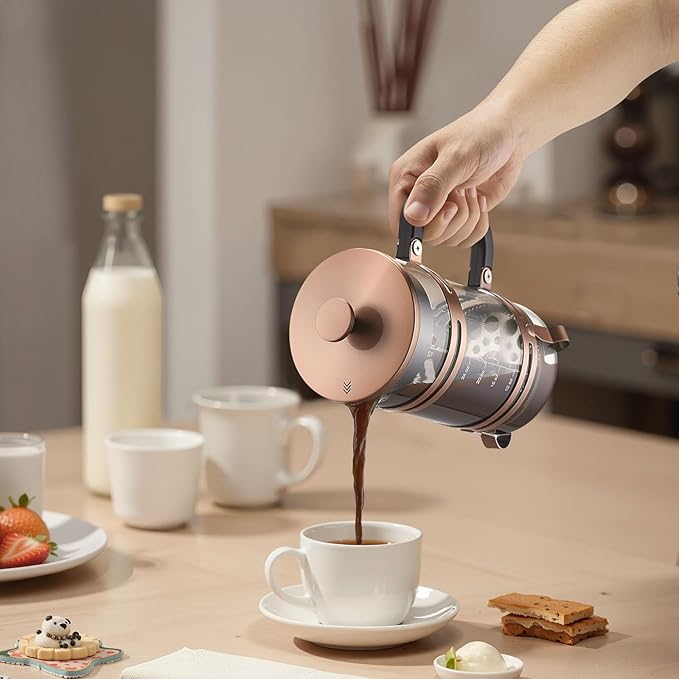 VEVOR French Press Coffee Maker, 34 Ounce 1 Liter Borosilicate Glass Coffee Press Tea Maker with Stainless Steel Filter, Large Glass French Presses Cold Brew for Camping Travel Home Kitchen, Copper