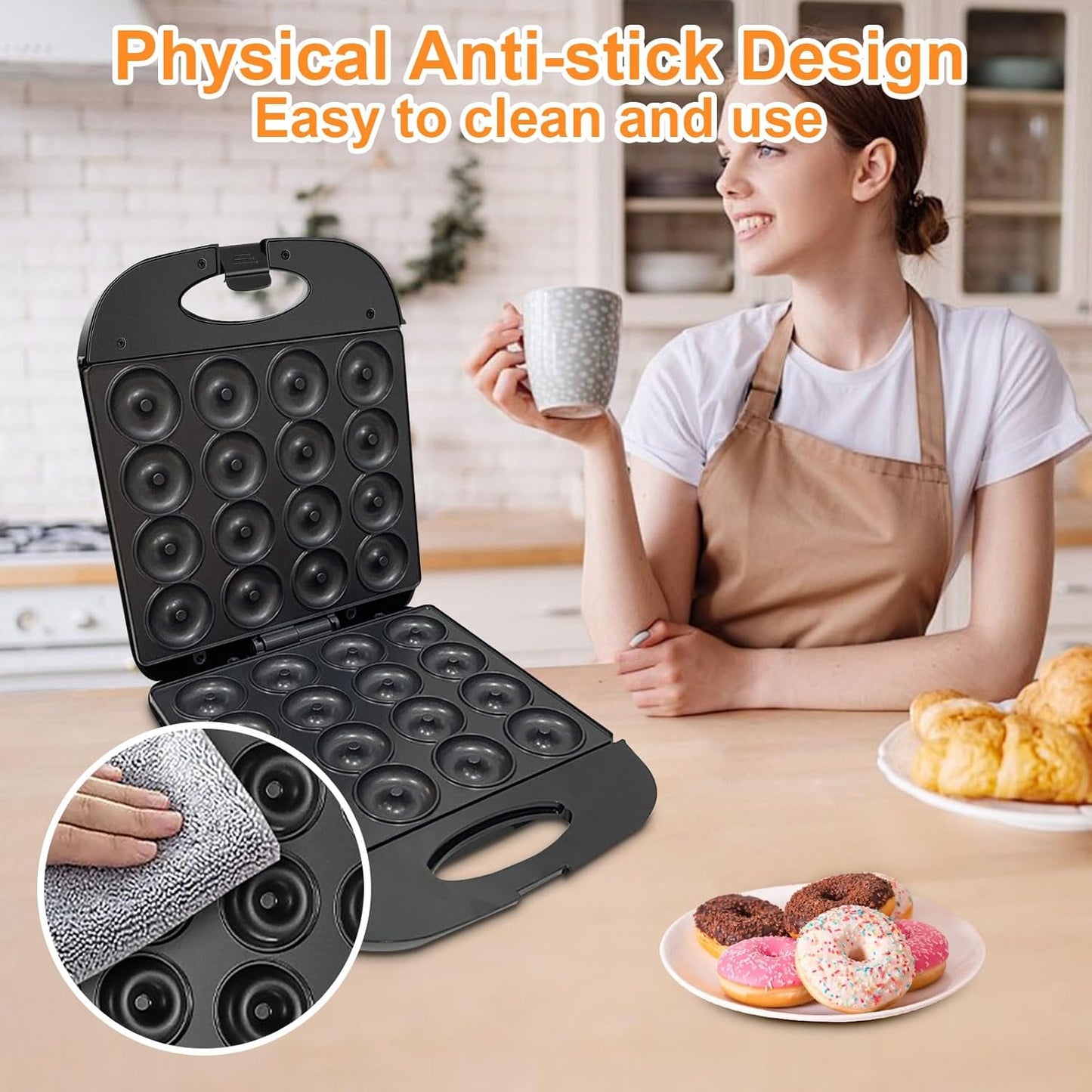 2025 Mini Donut Maker Machine for Home, Kid-Friendly 16-Hole Electric Doughnut and Pancake Maker with Non-Stick Surface, Ideal for Homemade Doughnuts (Black with Mini Oven Gloves & Brush)