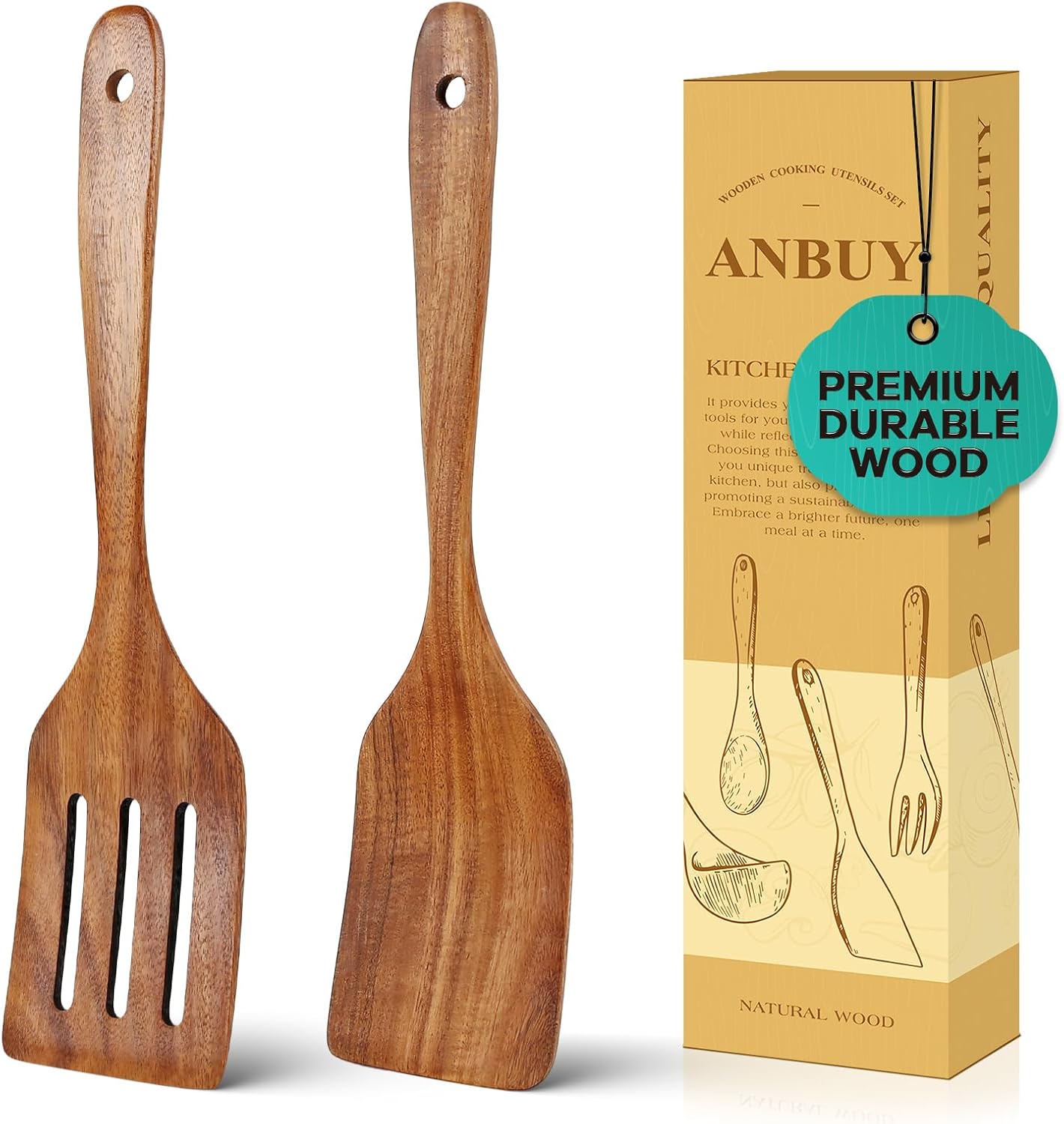 Teak Wood Spatulas Set for Nonstick Pan, Cooking Spoon, Slotted Turner(Spatula and Slotted Spatula)