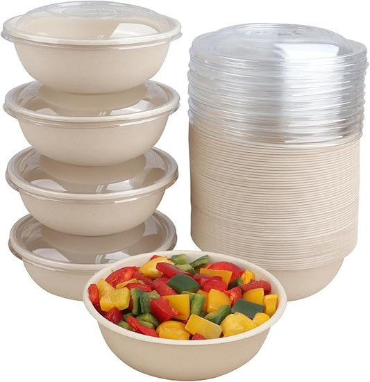 28 oz Disposable salad bowls with lids, Sugarcane Fiber Paper Bowls Deli Container 50 Pack