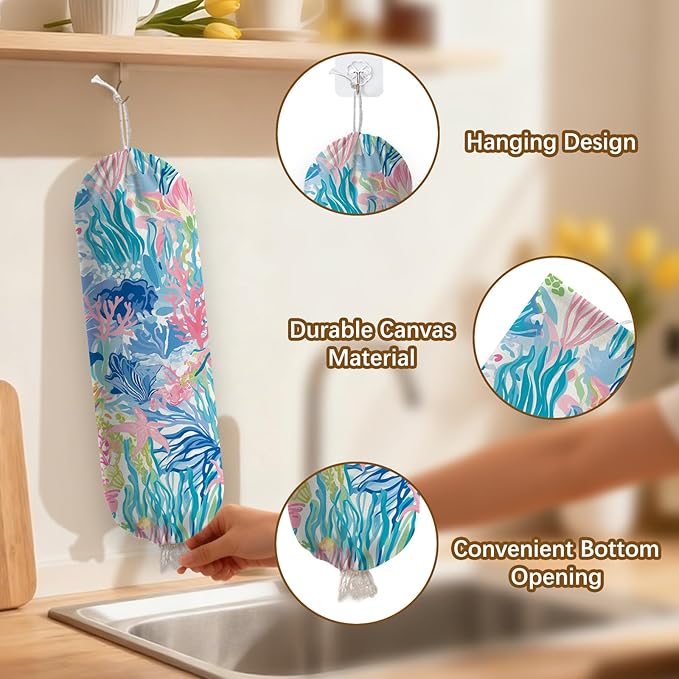Plastic Bag Holder Dispenser, Plants Plastic Grocery Bag Organizer & Wall Mount Paper Trash Bag Saver Storage for Kitchen Home Pantry Decor, Shopping Bags Storage Dispenser