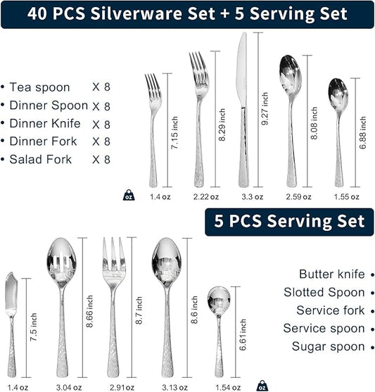 KINGSTONE Hammered Silverware Set, Flatware Set with Serving Utensils, 18/10 Stainless Steel Premium Cutlery with Unique Ripple Handles Design Mirror Polished - Dishwasher Safe (45-Piece)