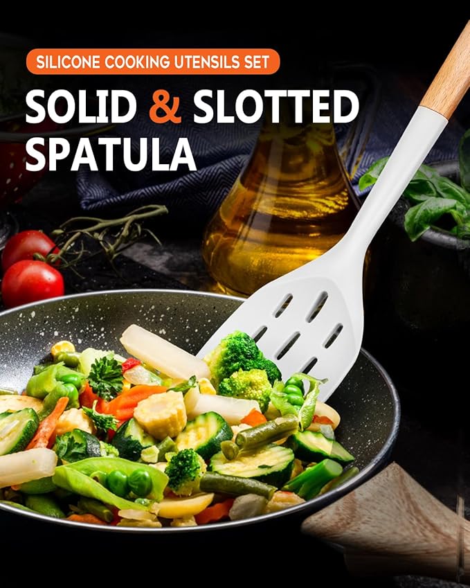 Pack of 2 Silicone Spatula, Non Stick Cooking Utensil Set Wooden Handle Kitchen Turner for Baking Mixing Grilling Serving Food Heat Resistant Non Scratch Hooks Included (White)