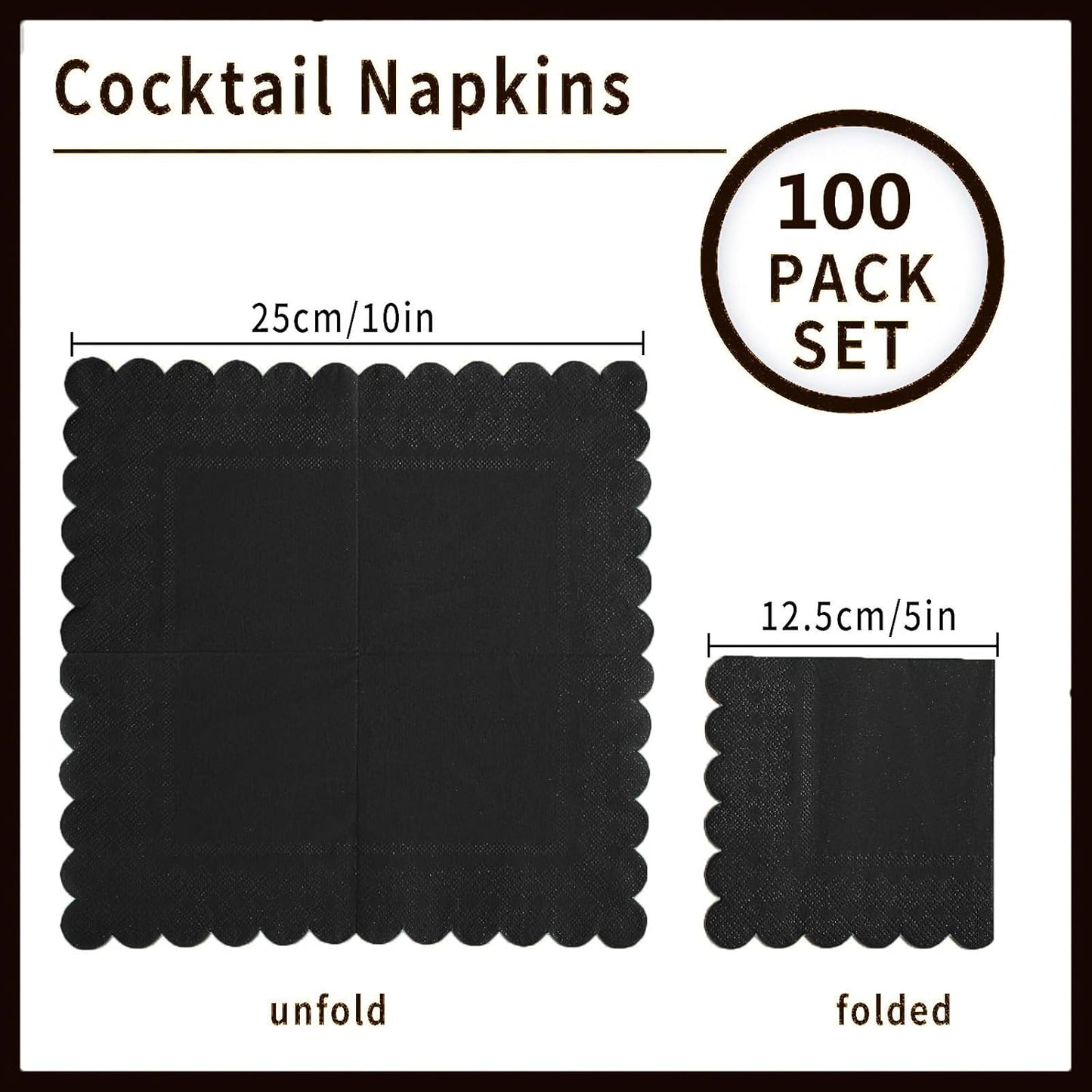 100 Pack Cocktail Napkin 2-Ply Scalloped Edged Dessert Napkins Folded 5 x 5 Inches Disposable Napkins for Dinner Wedding Birthday Party Bridal Anniversary Reception Event (Black)