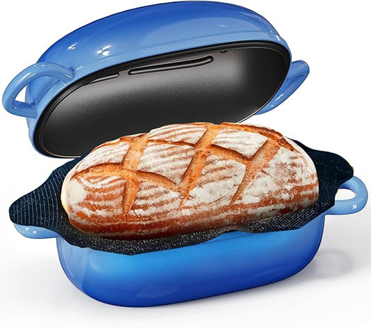 Cast Iron Dutch Bread Oven - 2.5QT Dutch Oven for Sourdough Bread Baking, Cast Iron Bread Loaf Pan with Perforated Non-Stick Silicone Liner, Blue Oval Bread Baking Pan, Gift for Family & Baker