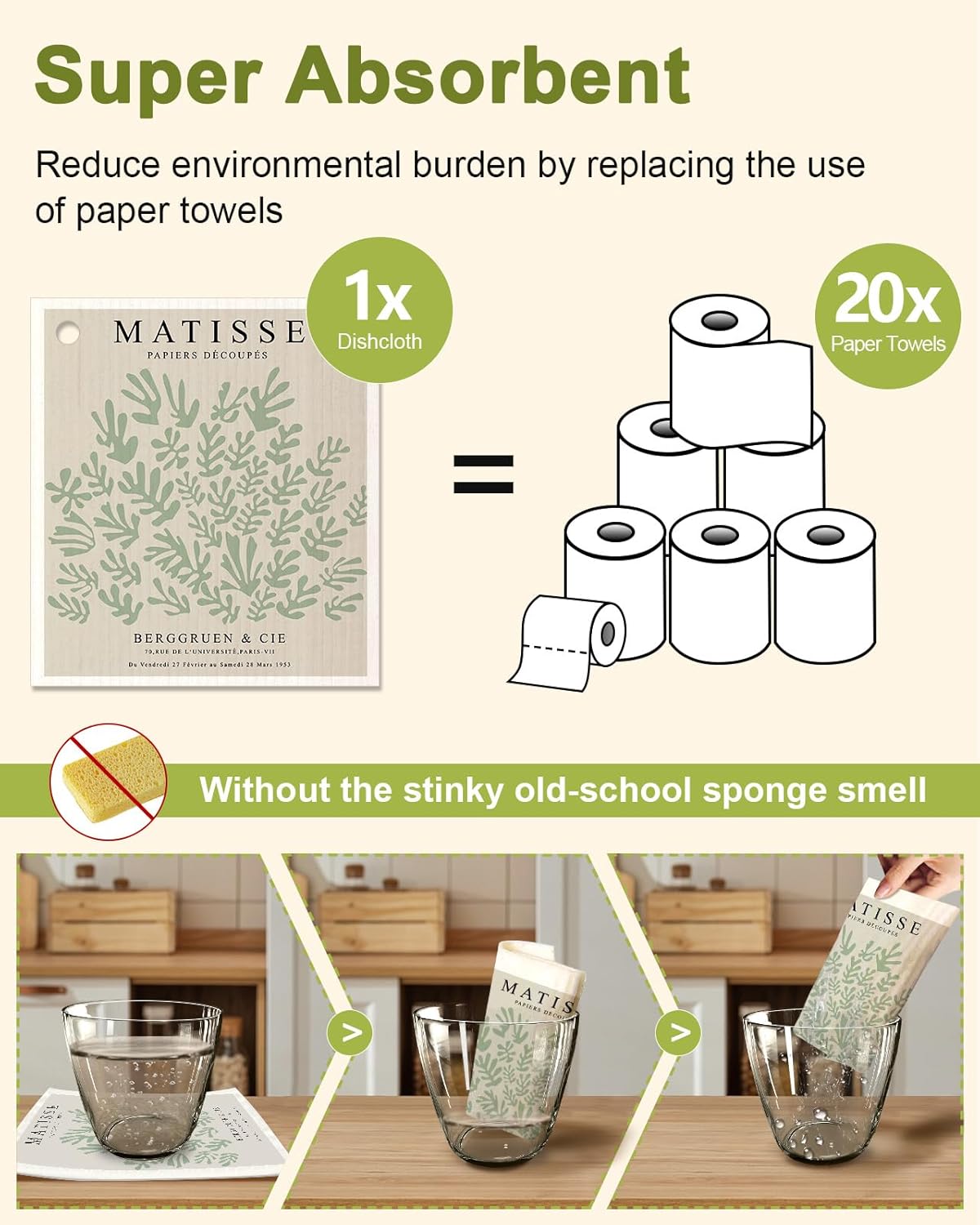 6 Pack Swedish Dishcloths for Kitchen - Reusable Dish Cloths for Washing Dishes Absorbent Cute Funny Kitchen Towels Cleaning Sponge, Green Artist