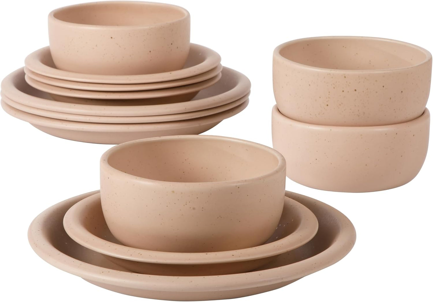 Bloomhouse Corsica Clay 12 Piece Stoneware Rustic Reactive Glaze Dinnerware Set - Stackable Plates and Bowls Set. Service for 4 - Matte Prosecco Blush Pink