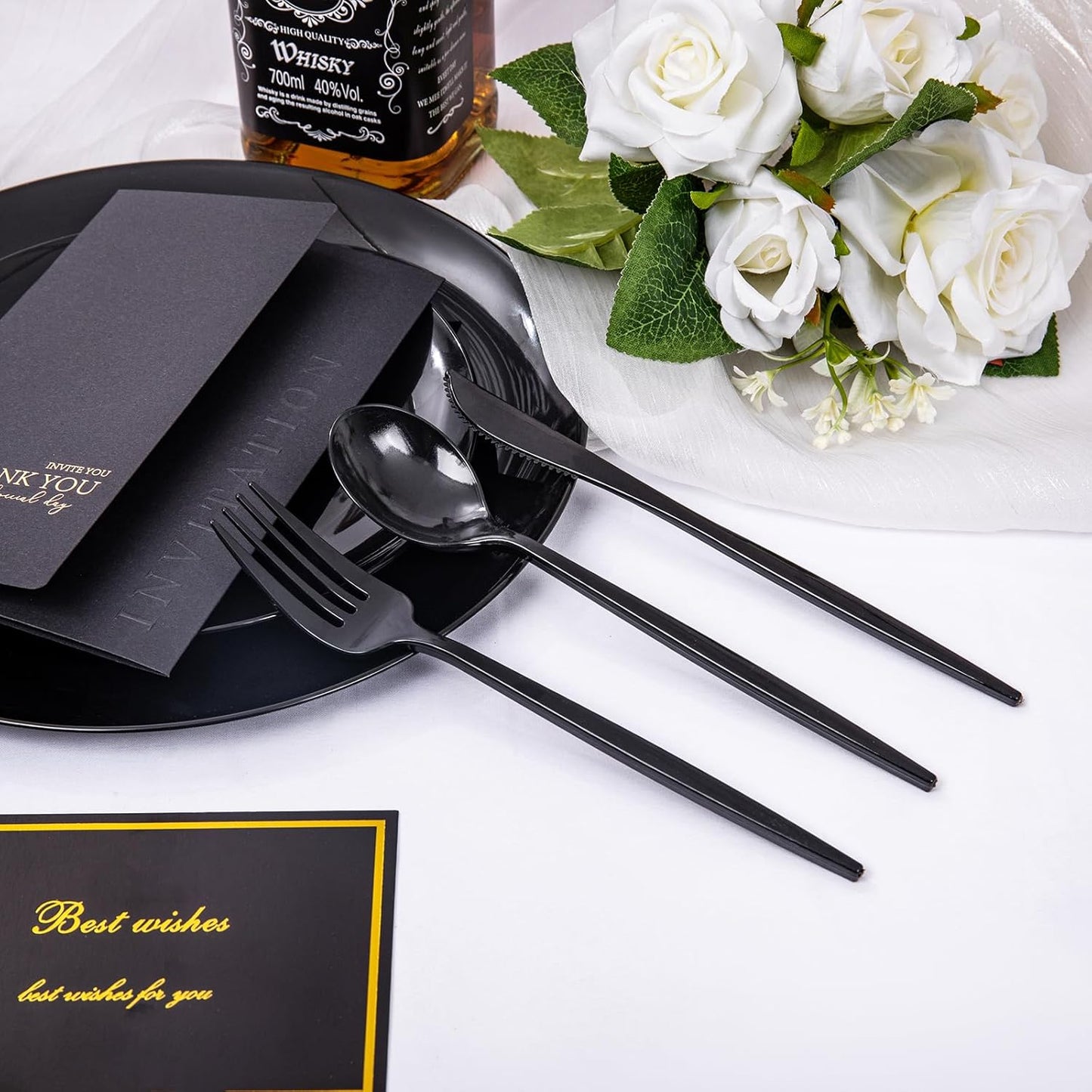 PULOTE 150PCS Black Plastic Silverware Set Disposable - Heavy Duty Black Plastic Cutlery - Black Plastic Utensils Set Include 50 Forks,50 Spoons,50 Knives for Party&New Year