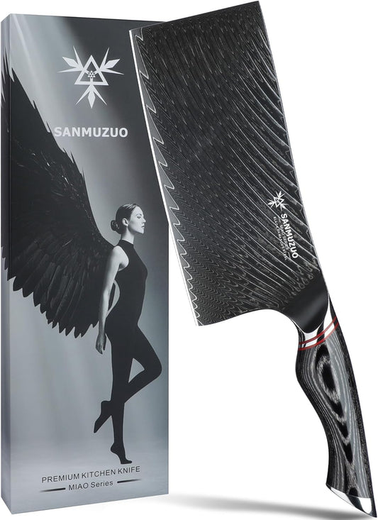 7 Inch Meat Cleaver Knife - Chinese Kitchen Vegetable Cleaver - Black Damascus Steel with Ergonomic Handle - MIAO Series