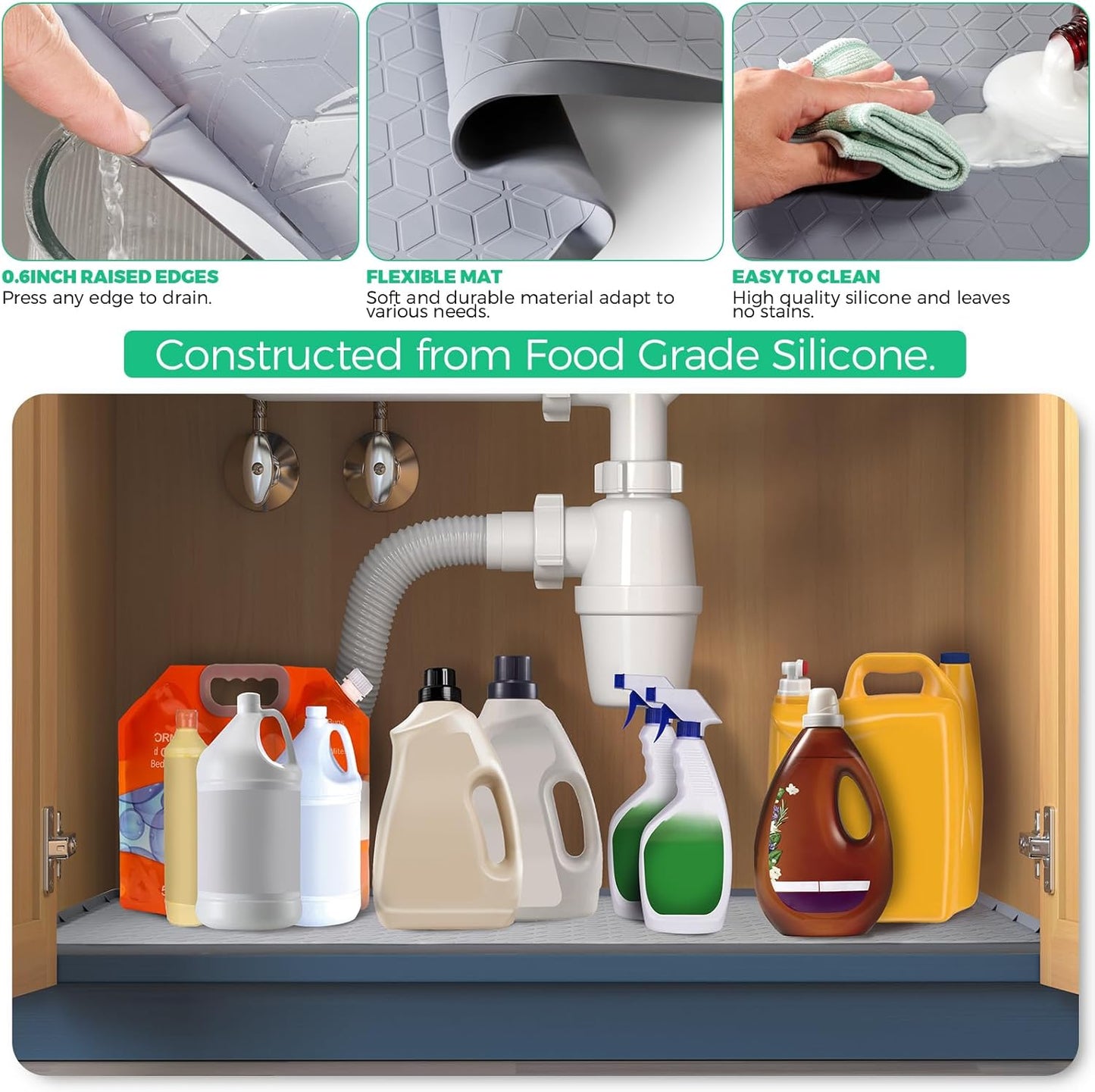 TRZZ Silicone Waterproof Under Sink Mat 31" x 22", Drip Tray and Cabinet Liner for Kitchen and Bathroom, Prevents Water Damage and Organizes Cabinets (Grey)