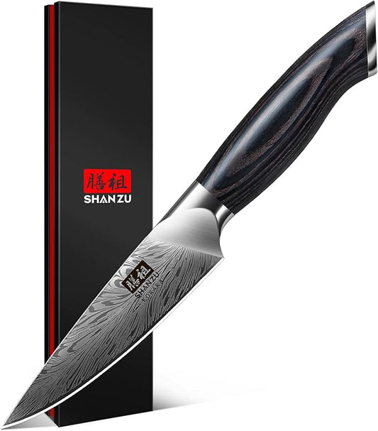 SHAN ZU Kitchen Paring Knife 4.5“ - Japanese Powder Steel 63 HRC Fruit Knife for Peeling & Coring Razor Sharp 12° Edge Vegetable Chopper with Pakkawood Handle