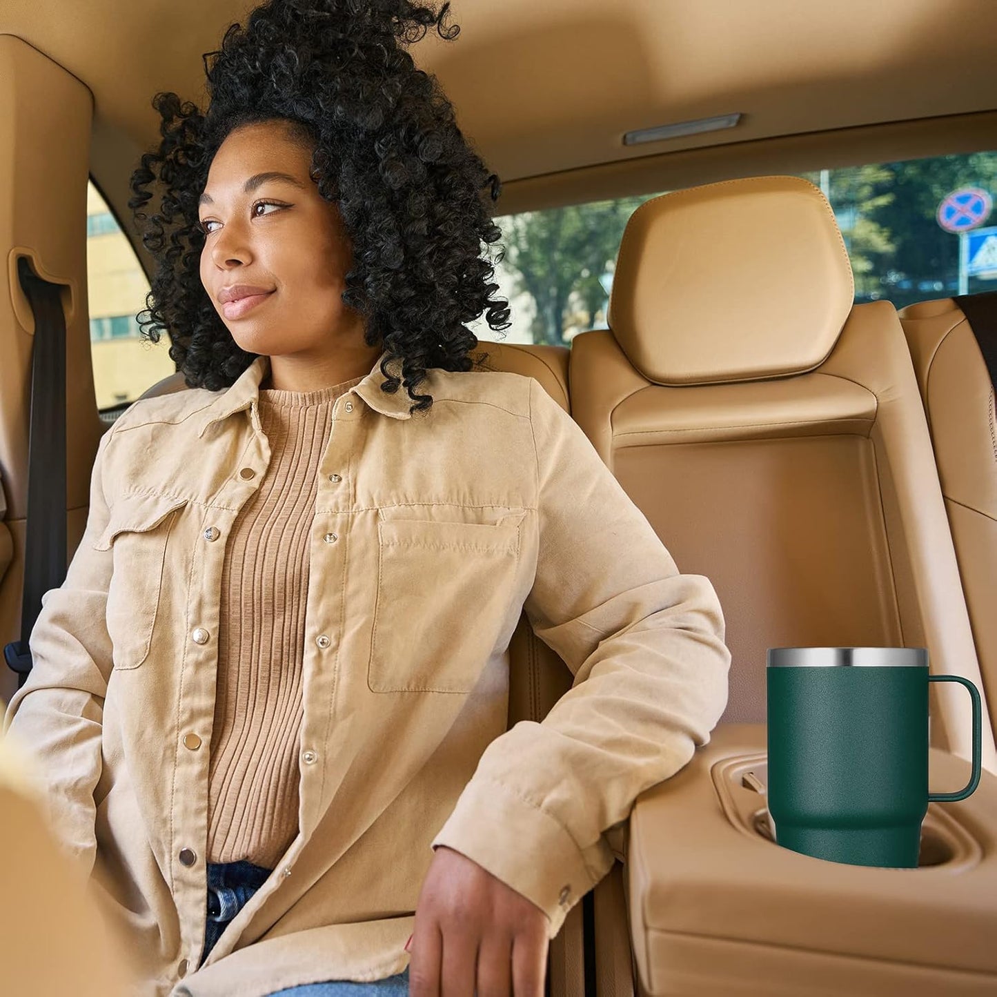 VEGOND 20 oz Tumbler with Handle Lid and Straw, Stainless Steel Insulated Travel Coffee Mug Spill Proof Double Wall Metal Tumbler Cup Keeps Drink Hot and Cold, Dark Green 1 Pack