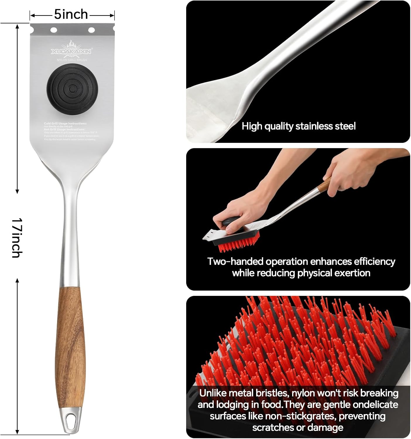 Nylon Grill Brush,Dual Grip Design,with Extended Luxurious Acaciawood Handle,Safe Nylon Bristles Barbecue Triple Scrubbers Cleaning Brush for Cast Iron Grates/Porcelain/Charcoal Grill