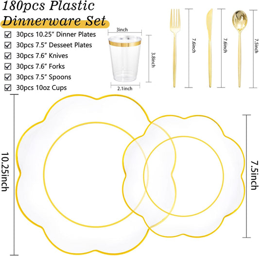EI 180pcs Clear Plastic Plates with Gold Plastic Silverware, Plate for Party,Clear Dinnerware Set,Heavy Duty Plate for Wedding,Biethday