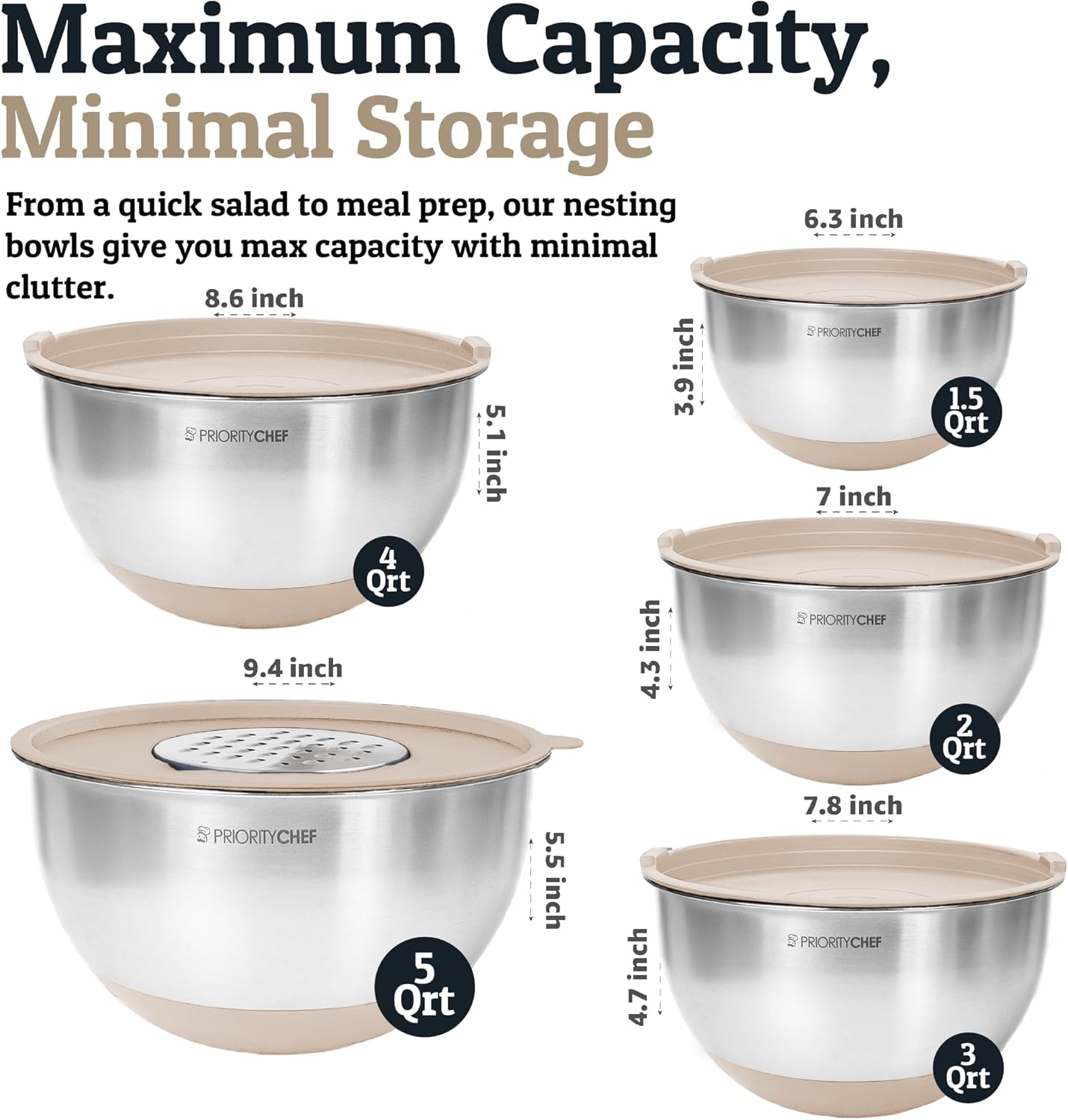 Priority Chef Stainless Steel Mixing Bowls with Lids Set, Metal Nesting Bowls with Airtight Lids, Graters, Non-Slip Base & Measurement Marks, Includes Utensil Set for Prep, Baking & Storage, Khaki