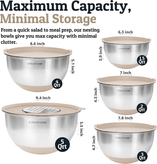 Priority Chef Stainless Steel Mixing Bowls with Lids Set, 3 Grater Attachments, Airtight Lids, Non-Slip Silicone Base Mixing Bowl Set, Large Prep Metal Mixing Bowls for Kitchen, Khaki